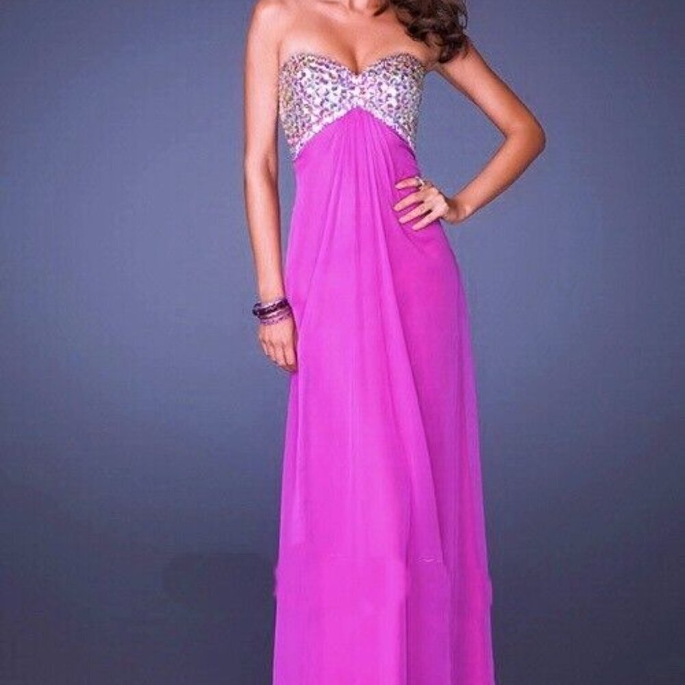 La Femme Bright Purple Fuchsia Strapless Embellished Beaded Gown prom